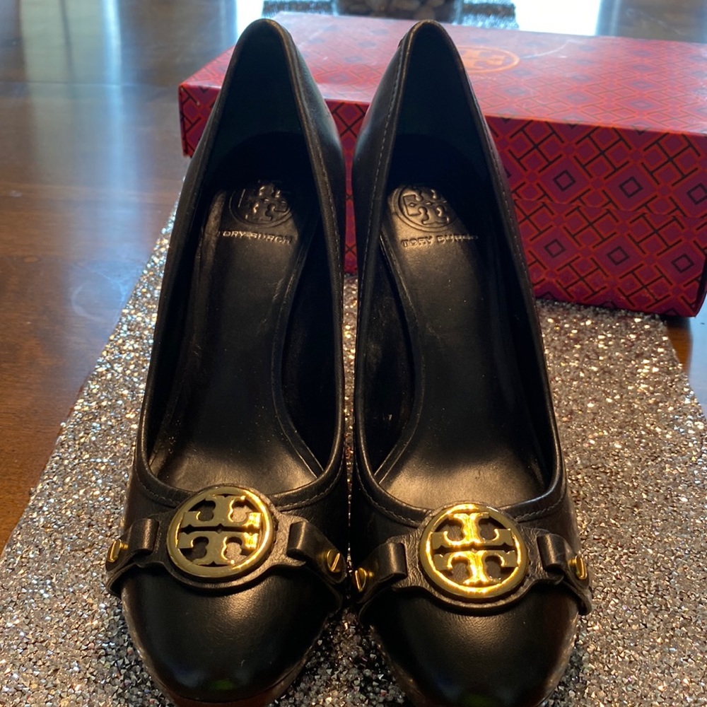 Tory Burch black leather heels. Worn one time